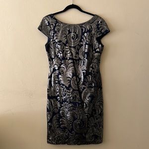 ADRIANNA PAPPELL, Navy Short Sleeve Sequin Dress
